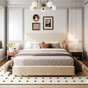 Walsunny Full Size Bed Frame with 4 Storage Drawee, Platform Bed with Upholstered Button Tufted Headboard, Solid Wood Slats Support, No Box Spring Needed