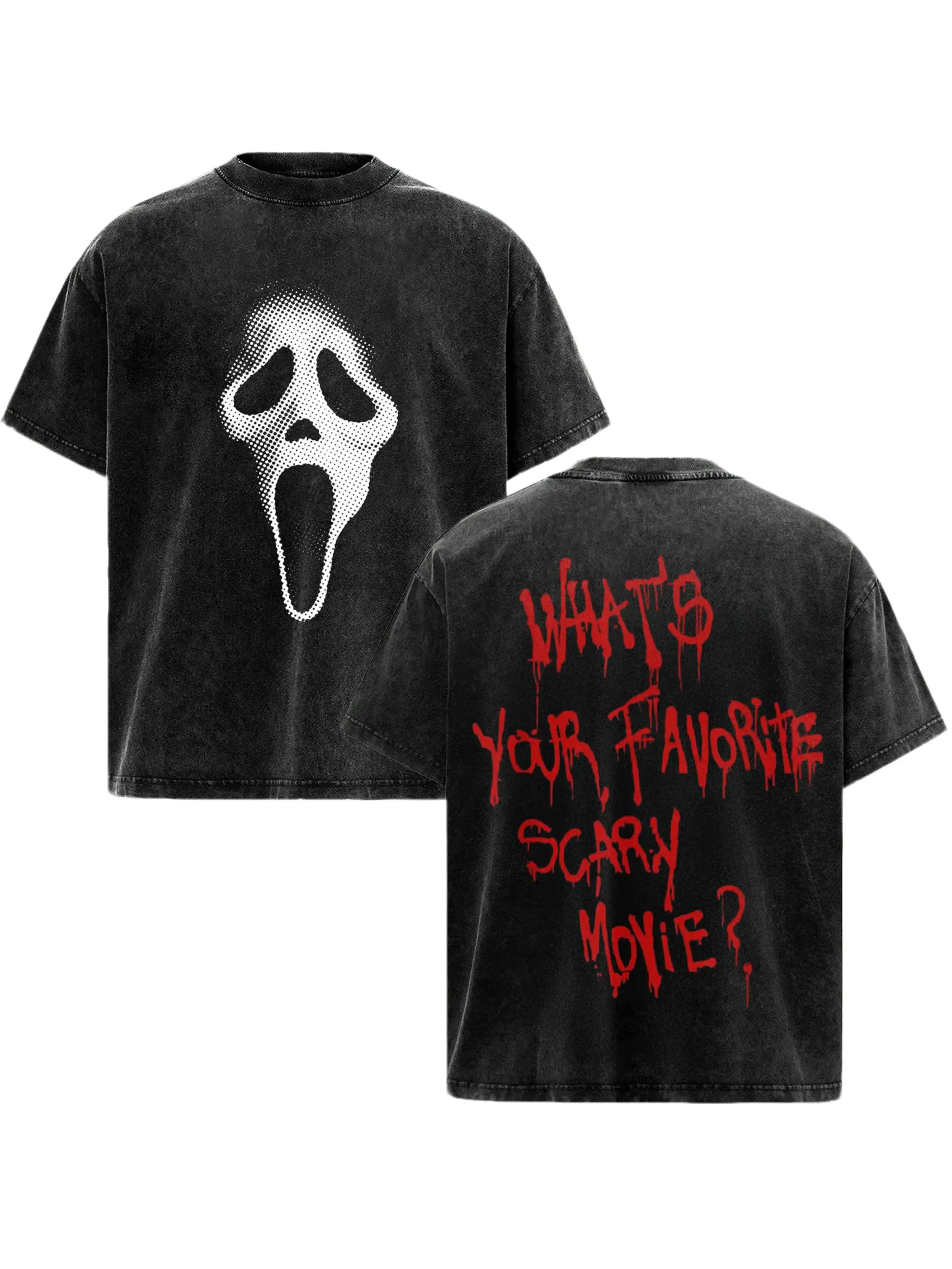 Men's Ghostface Scream Classic Seamless Short-Sleeve Top - Vintage Washed Oversized Heavyweight Soft Cotton Casual Menswear, Breathable Horror Graphic Tee, Halloween Streetwear Gift for Horror Fans