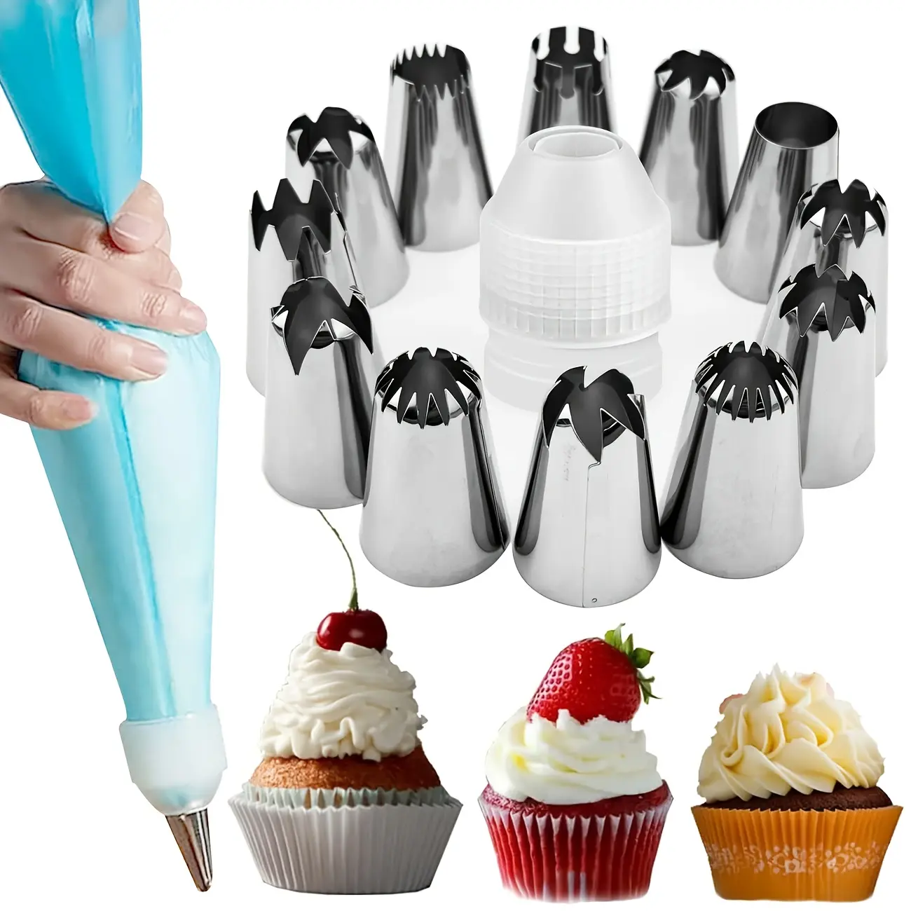 14PCS Large Beginner Piping Tips Set, Stainless Steel frosting tips with Reusable Pastry Bag, Cake Decorating Tips Set for DIY Pastry Dough, Cookie, Cupcake, Cake, Pastry Decorating Tools, Baking Accessories, Baking Supplies