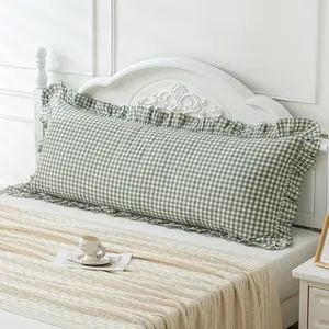 Green White Plaid Ruffled Body Pillow Sham Washed Cotton Shabby Checkered Gingham Pillow Cover 20"x54"