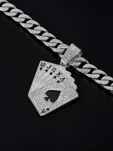 Hip Hop Playing Card Full Diamond Pendant, Alloy Necklace with Full Diamond Cuban Chain, Street Culture Art Jewelry, Unique Hip Hop Style Accessory, Poker Card Necklace, Hip Hop Accessories, Trendy Charms Necklace