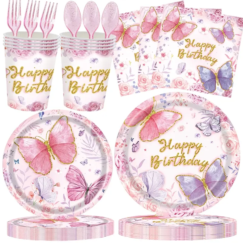 Butterfly Theme Birthday Party Supplies Set, Includes Disposable Fancy Paper Plates, Napkins, Cups, Forks, Spoons, Suitable for 16 People