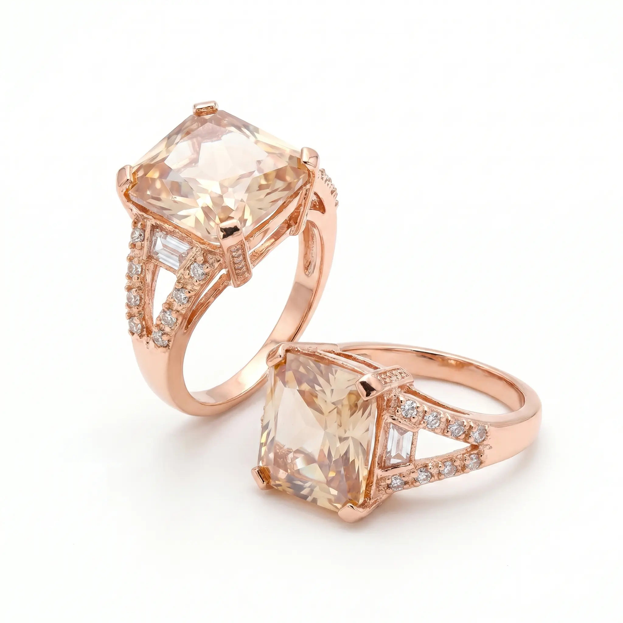 THANCHES Women's Cushion Cut Champagne Cubic Zircon Statement Ring, Rose Gold-Plated Copper, Hypoallergenic Antitarnish Plated Textured Gold Band, Elegant CZ Rings Wedding Gift
