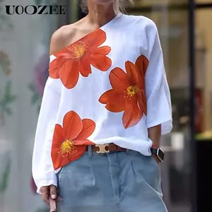 UOOZEE Women's Long Sleeve One Shoulder Floral Loose Comfortable Tops - Casual Wear Slightly Sheer with Thin Fabric T-Shirt Loose One-Shoulder Long Sleeve T-Shirts, Polyester