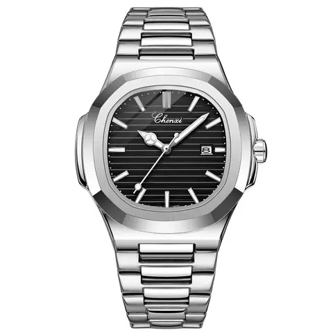 OIDEA Silver Fashion Men's Large Face Analog Quartz Dial Watch - Rhombus Case, Durable Steel Band, 30m Waterproof, Dark-Ready Glow, Luminous, Date Calendar Display, Bar Pointers, Adjustable 17-24" Band, Sleek Business-Casual Accessory, Ideal Gift