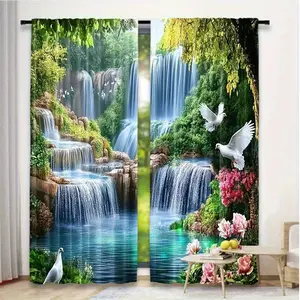 2pcs Beautiful Forest Waterfall Scenery Curtains- Vivid Nature Design, Polyester, Blackout, Rod Pocket, Modern Style, Suitable for Bedroom, Bathroom, Living Room, Dining Room, Study, Office