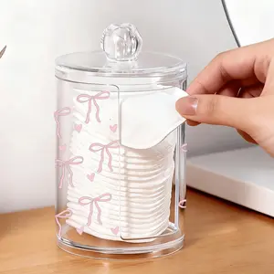 Cute Bow-Print Cosmetic Cotton Pad Storage Box, Cotton Swab and Dental Floss Storage Jar, Cosmetic Pad Jar Made of Transparent Acrylic Material, Cosmetic Storage Box Organizer for Home, Office or Desktop