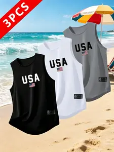 3-Pack Quick-Dry Breathable Sports Tank Tops, Sleeveless Fitness Shirts, Usa Pattern Print, Comfortable Summer Wear for Gym, Running, Home, Outdoor, Workout Apparel, Sleeveless Sports Vest