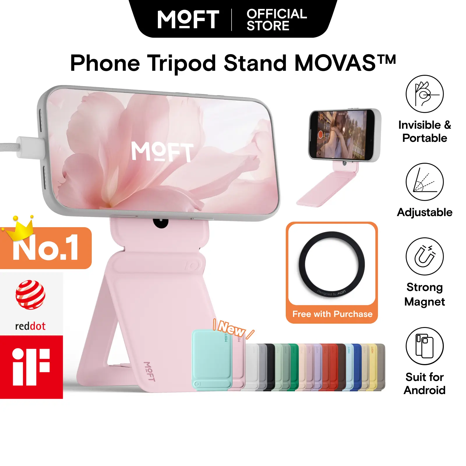 MOFT Magnetic Invisible Phone Mount - Stable Cellphone Holder, Flexible-Angle Selfie Stand, Mobile Accessory for Live Streaming, Video Recording, Compatible with All Smartphones