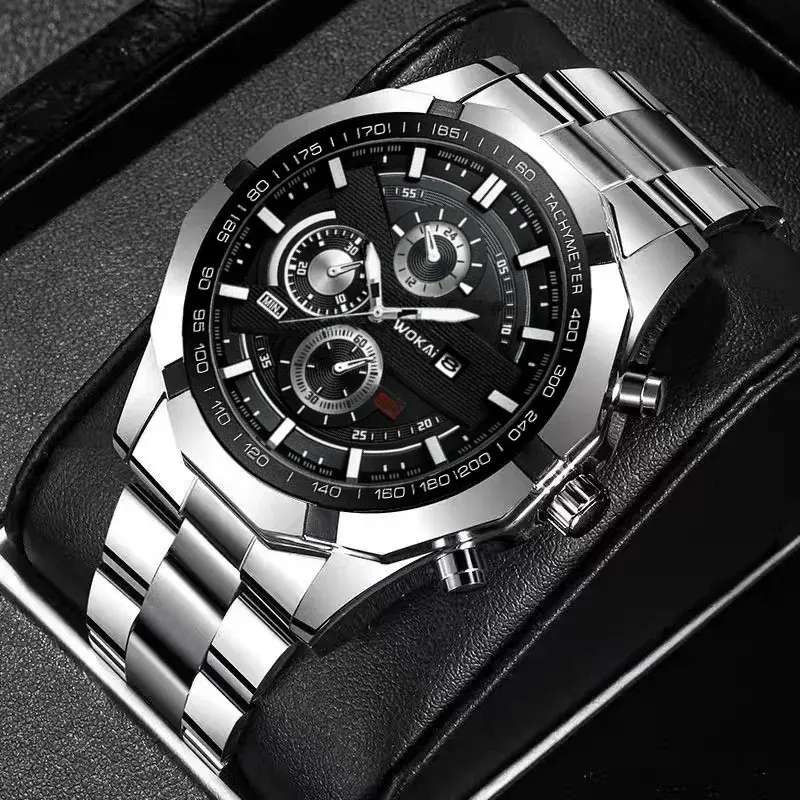 Silver Fashion Men's Rectangle Quartz Watch - Business Style, 3-Eye Mixed Scale Dial, Alloy Steel Strap, Classy 3-Eye Dial Men's Watch, Three-Eye Dial, Silver Fashion Men's Watches
