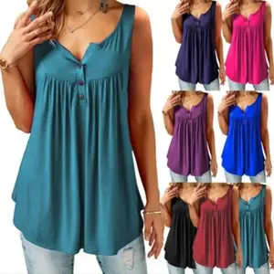 V-neck Button Pleated Tank  T-shirt Casual  Women top Womenswear Green