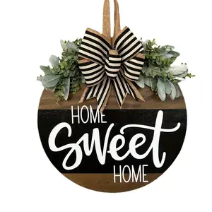 Wooden Alphabet Pattern Round Hanging Sign - Artificial Flower-Accented Home Decor Products, Chic Adorable Decorated Hanging Decor Signage for Front Door Living Room Modern Wall Ornament Welcome Decoration Box