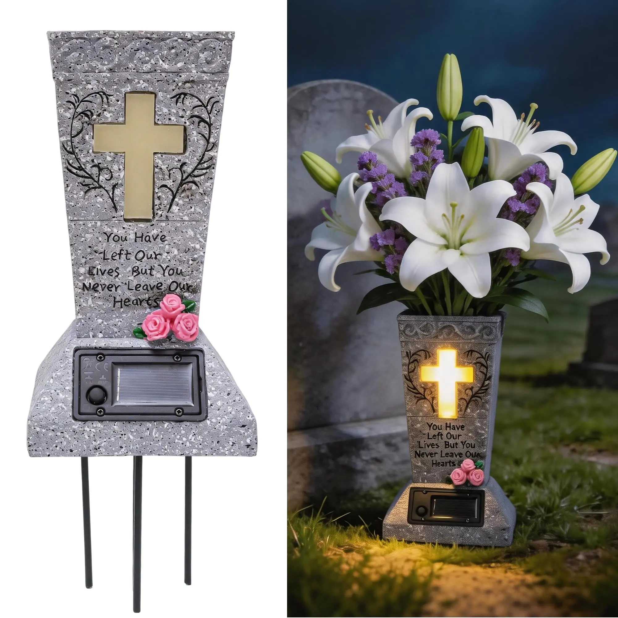 Solar Powered Cemetery Flower Vase with LED Light - Cross Design Handmade Tribute, Gentle Night Glow Light for Remembrance, Decorative Grave Decor for Memorial Gifts