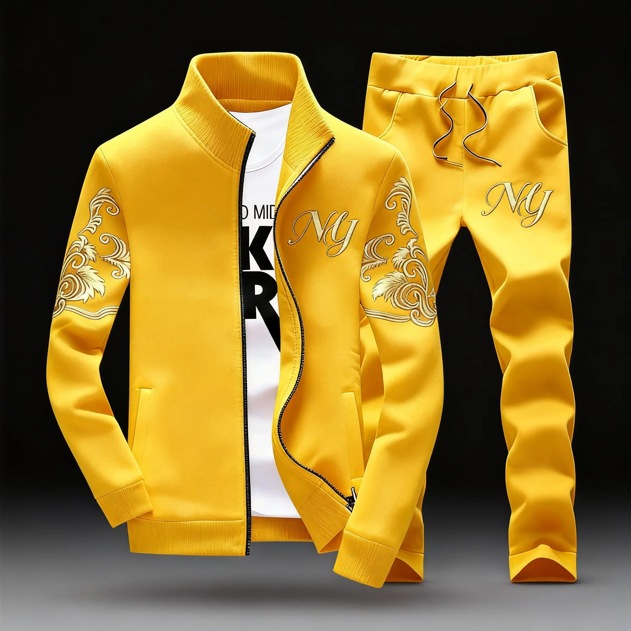Men's Embroidery Tracksuit, Casual 2-Piece Clothing Set with Stand Collar and Full Zip Jacket for Daily Leisure