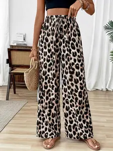 Women's Leopard Print High-Waisted Drawstring Wide Leg Pants, Summer Loose Fit Casual Straight Leg Long Pants, Beach Vacation Wear, All Seasons