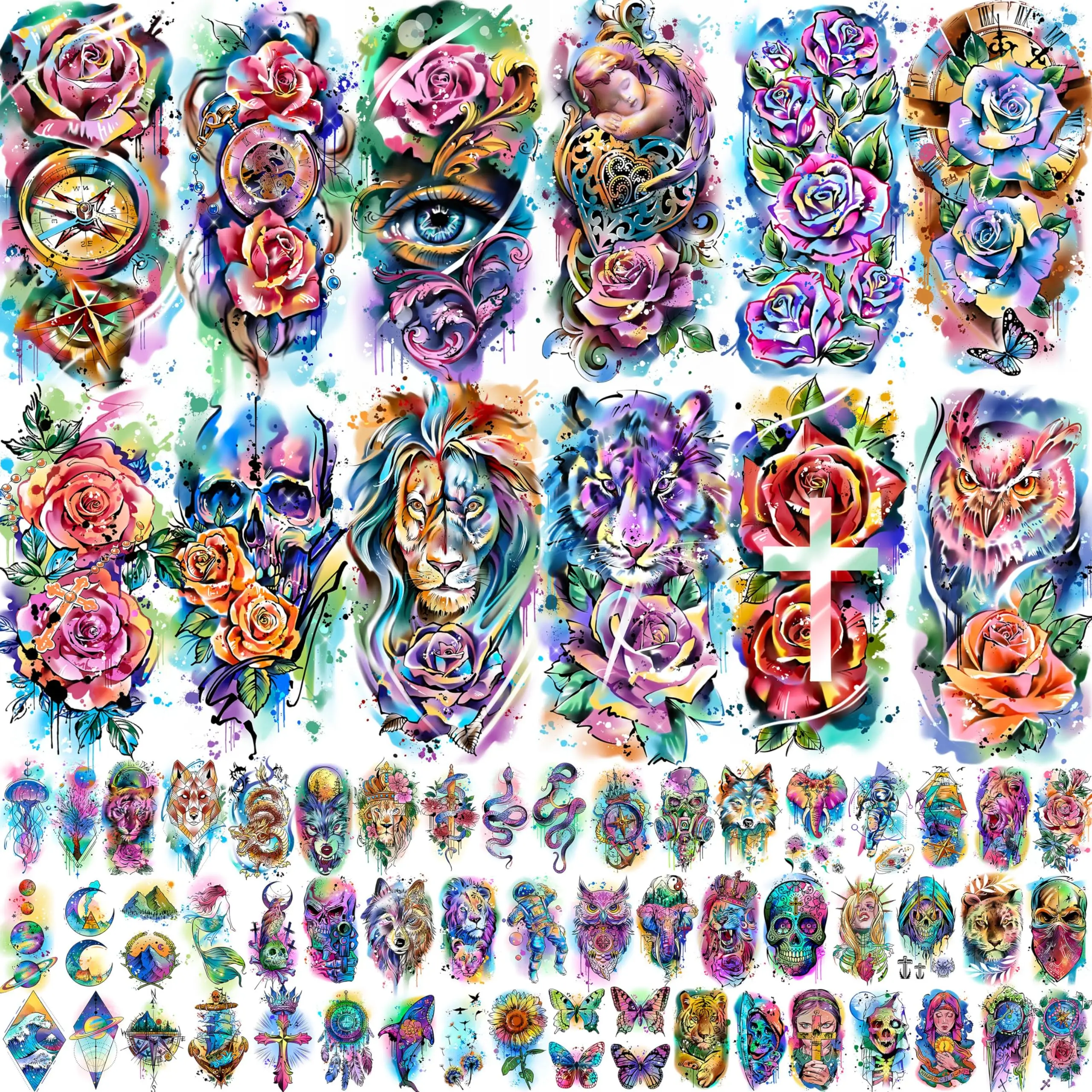 65 Sheets Watercolor Rose Flower Temporary Tattoos For Women Girls, 12 Sheets Colorful Arm Sleeve Tattoos For Adults Floral Snake Tiger, 53 Sheets Groovy Small Semi Permanent Fake Tattoos Kids