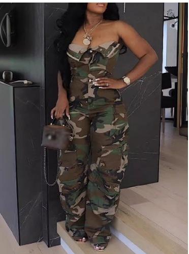 Women's Sexy Off Shoulder Tube Denim Cargo Jumpsuits Wide Leg Baggy Loose Jean Pants Rompers Overalls