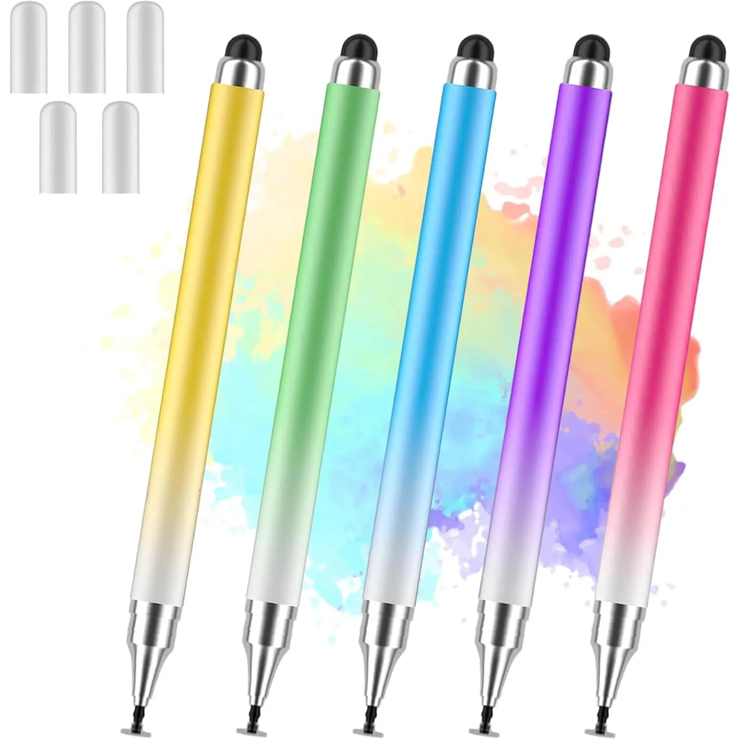 5-Pack Unisex Hybrid Portable Capacitive 2-in-1 Universal Stylus Pens for Touch Screens - Silicone & Plastic Tablet, Laptop & Phone Accessories, Compatible with iPad, iPhone, Android Smartphones, Microsoft Surface Tablets, Laptops