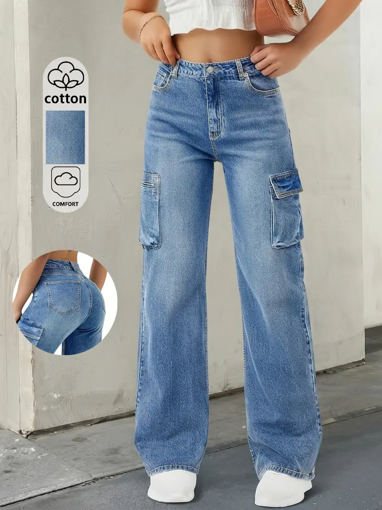 Women's High-Waist Denim Cargo Bottoms - Fashionable Casual-Fit, Pockets, Comfortable, Suitable for Everyday Wear, Outdoor Activities - Women's Fashion Casual Fashion Jeans