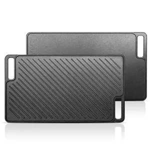 MGKKT Pre-Seasoned Reversible Ribbed Square Cast Iron Grill-Griddle, Universal Fry Griddle for Stove & Campfire, Grill Compatible Multi-Use Portable Cookware for Korean BBQ