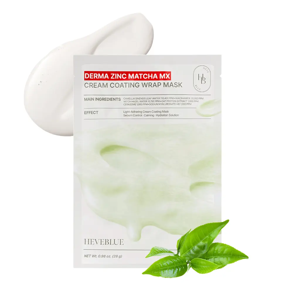 HEVEBLUE Derma Zinc Matcha MX Cream Coating Wrap Mask, Hydrating Barrier Care Sheet Masks, 5 Sheets, 28 g Each