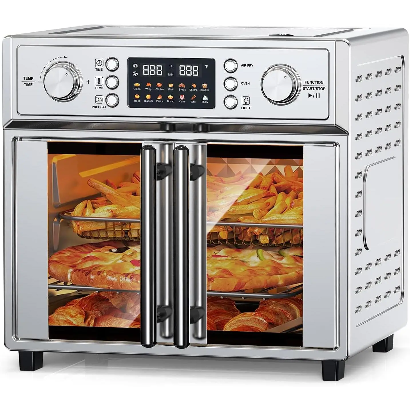 PlumChef 29.5QT Large Capacity French Double-Door 7-in-1 Versatility Multifunction Oven - 1700W, 14 Preset Menus, Durable Stainless Steel, Silvery, Interior Light, Crumb Tray, Family & Batch Cooking Ready (Bake, Roast, Grill, Toast, Dehydrate, Defrost)