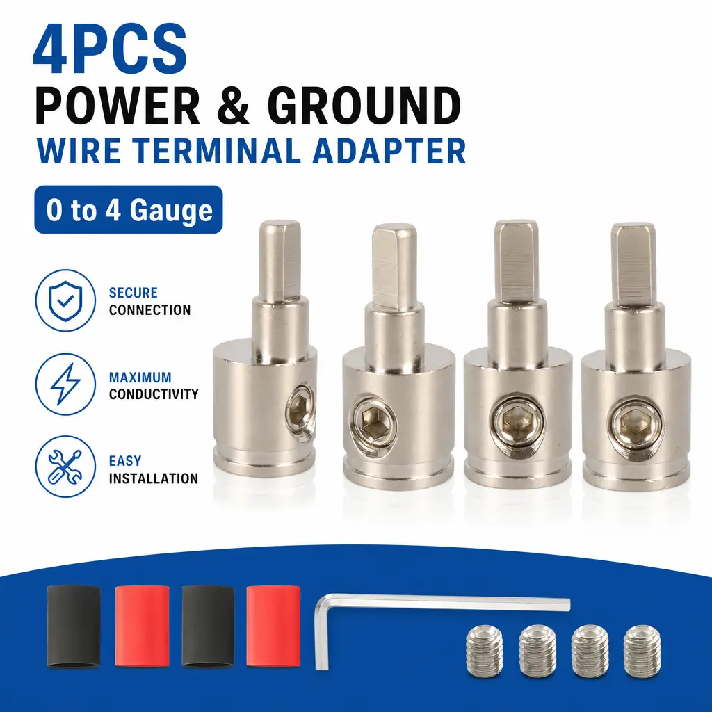 4pcs Brass Nickel-Plated 0-4 Gauge Wire Reducer Connectors with Waterproof Heat Shrink Tubing & Secure Clamp, Corrosion-Resistant Auto Parts for Car Audio Music System Power Cables