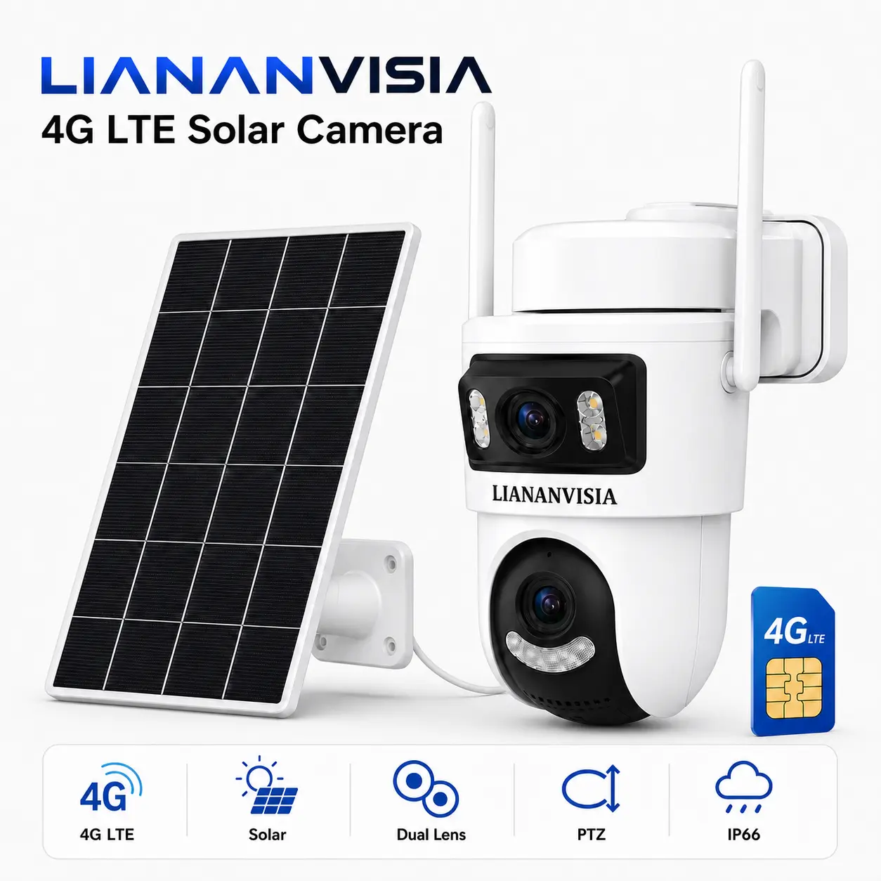LIANANVISIA 4G LTE Solar-Powered Outdoor Security Camera, Built-in SIM Card, No WiFi Needed, Dual Lens Dual View, 2K HD, 355° Pan-90° Tilt, AI Human Detection, Auto Tracking, Color Night Vision, 2-Way Audio, Light & Siren Alarm, IP66 Waterproof