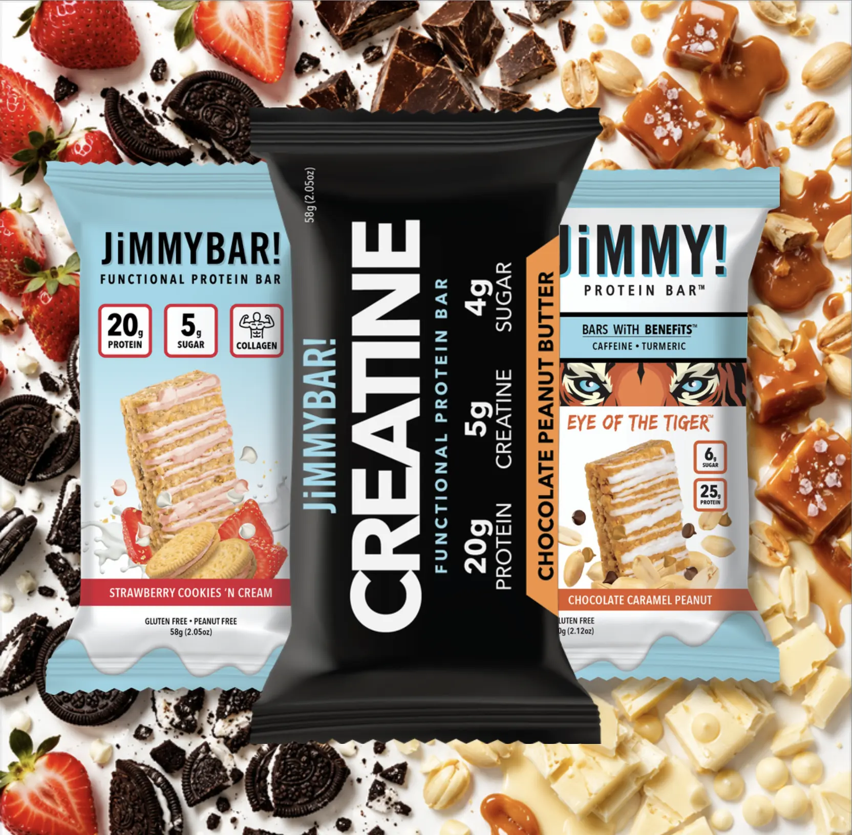 JiMMYBAR! Functional Favorites 6-Pack Sample Pack - Creatine, Collagen, Caffeine, Turmeric - High Protein Snacks - Real Peanuts, Almonds, Chocolate, Peanut Butter, Strawberry, Caramel, Milk Protein Natural Snack Bar