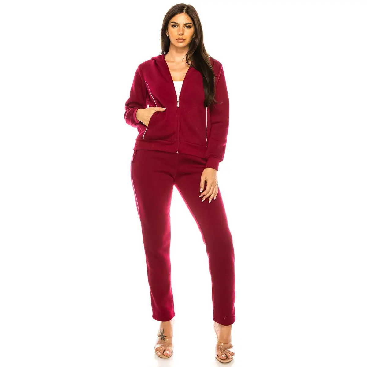 Women's 2 Piece Fleece Matching Burgundy Tracksuit S-3XL WF1705