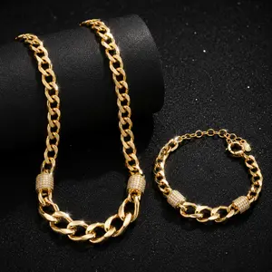 TANTIUE Bold Cuban Link Chain Necklace Bracelet Set 14K Gold Plated CZ Pavé Barrel Tarnish-Free Men Jewelry Gift for Him&Her
