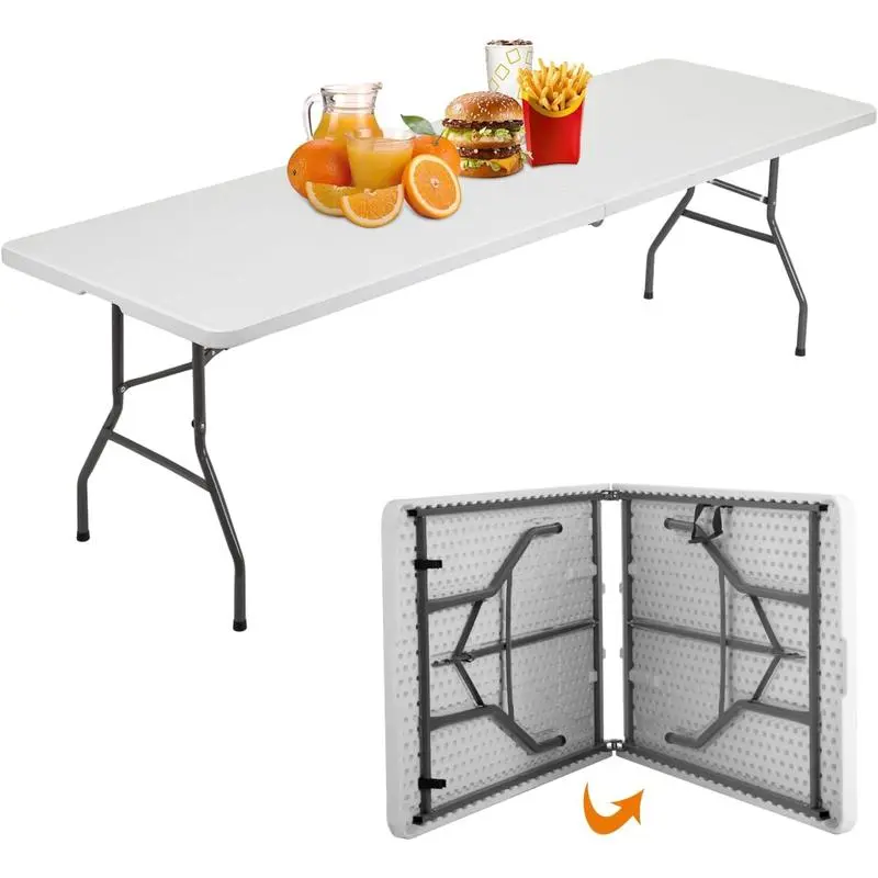 DauHor 6ft Plastic Folding Table - White, Indoor Outdoor Heavy-Duty Portable Table with Handle and Lock for Picnic, Party