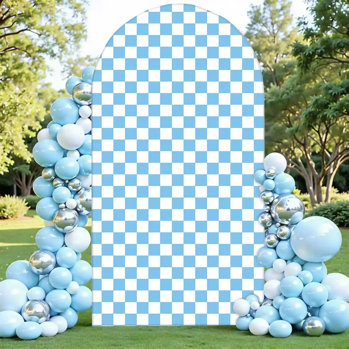 Snug Fit Stretchy Elastane-Spandex Arch Covers Backdrop Banners Set (Stand Not Included) - 6ft-7.2ft Frame Stretch Wraps, Easy-Display Home Party Decor for Weddings, 1st Birthday, Plaid Blue Baby Shower, 6.6ft Compatible Festive Supplies