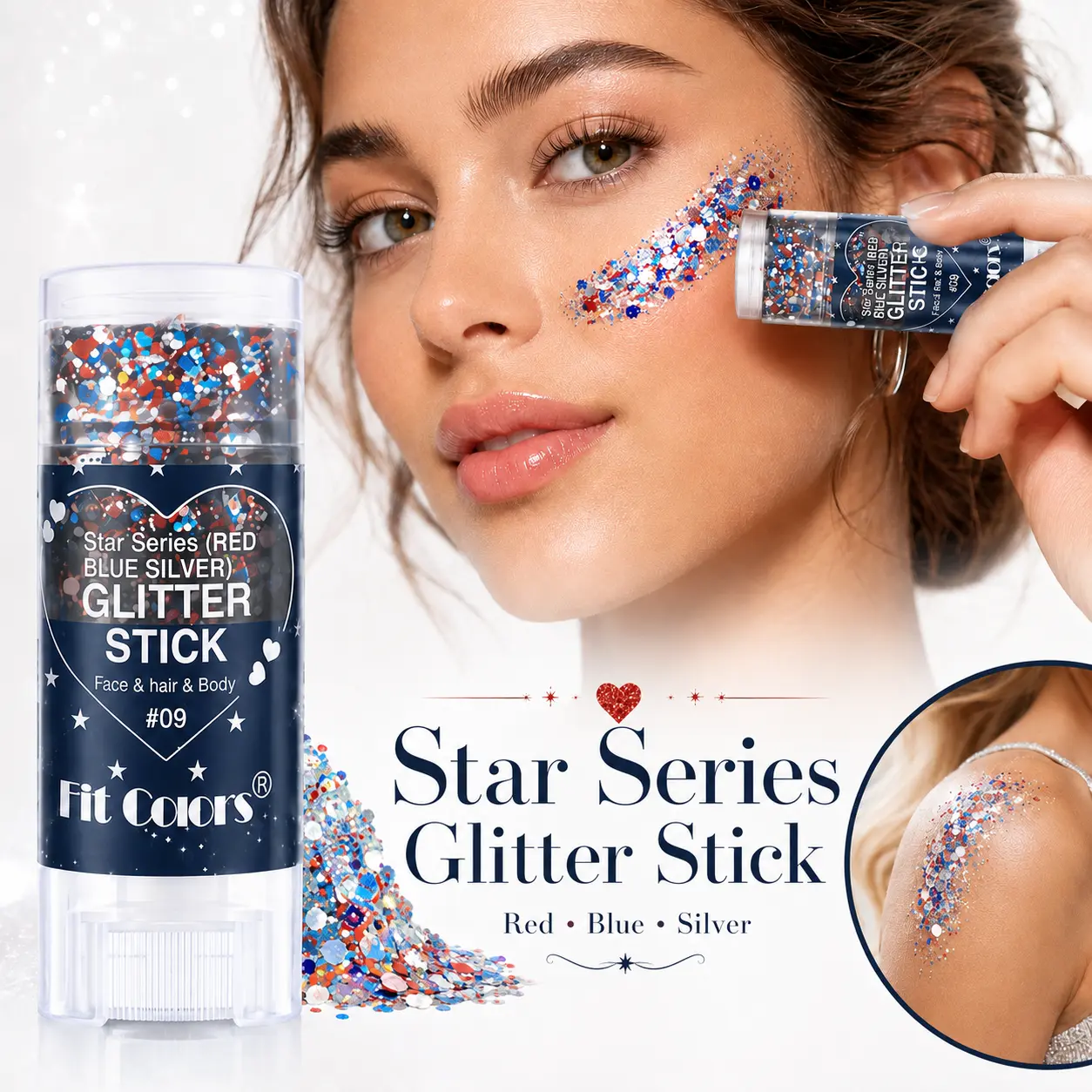 Football Game Day Glitter Stick Red White Blue Sparkle Body & Hair Sparkle for Independence Day Party, Festival & Fun Holiday Look