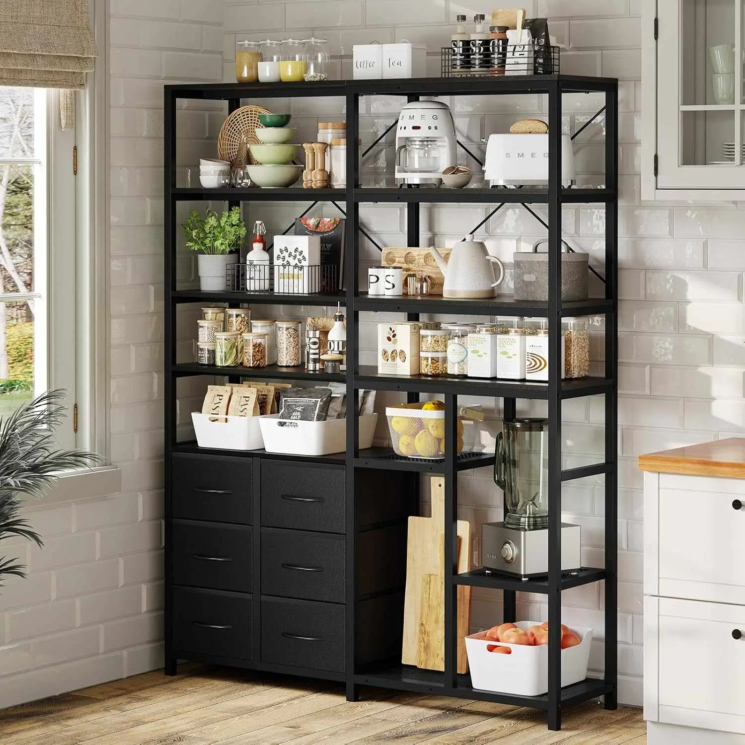 SIKAIC 70 Inch Industrial Bookcase with 6 Fabric Drawers, Rustic Brown Storage Bookshelf for Living Room and Home Office