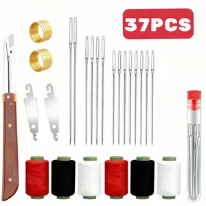 37PCS Big eye steel needle Set, Premium Stainless Steel Hand Sewing Kit with Thread, Needle Threader, craft set,Seam Ripper, Thimble - Complete Craft Repair Tools for Beginners & Professionals, Home DIY Embroidery Essentials