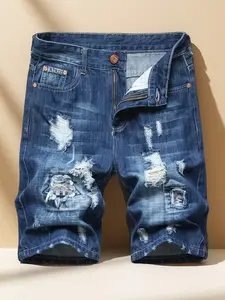 Men's denim shorts summer ripped random patches men's mid-length pants slim street shorts straight wear men's pants European and American without belt men jorts
