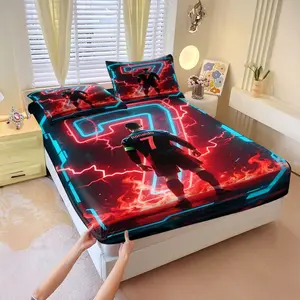 3Pcs Soccer Inspired Fitted Sheet Set, Featuring Neon Number 7 and Ronaldo Design, Dynamic Lightning and Fiery Flames, Perfect for Sporty Bedrooms and Fans of High-Energy Decor!, Lncludes 1 Fitted Sheet, With 2 Coreless Pillowcases
