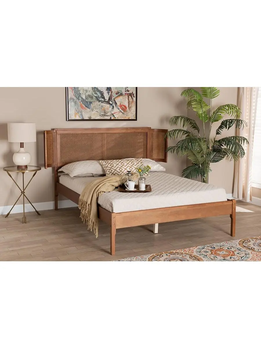 Baxton Studio Eridian Queen-Size Classic Mid-Century Modern Dark Wood & Natural Rattan Freestanding Platform Bed, Walnut Brown (193271201129) - Indoor Bedroom Bed with Assembly Required