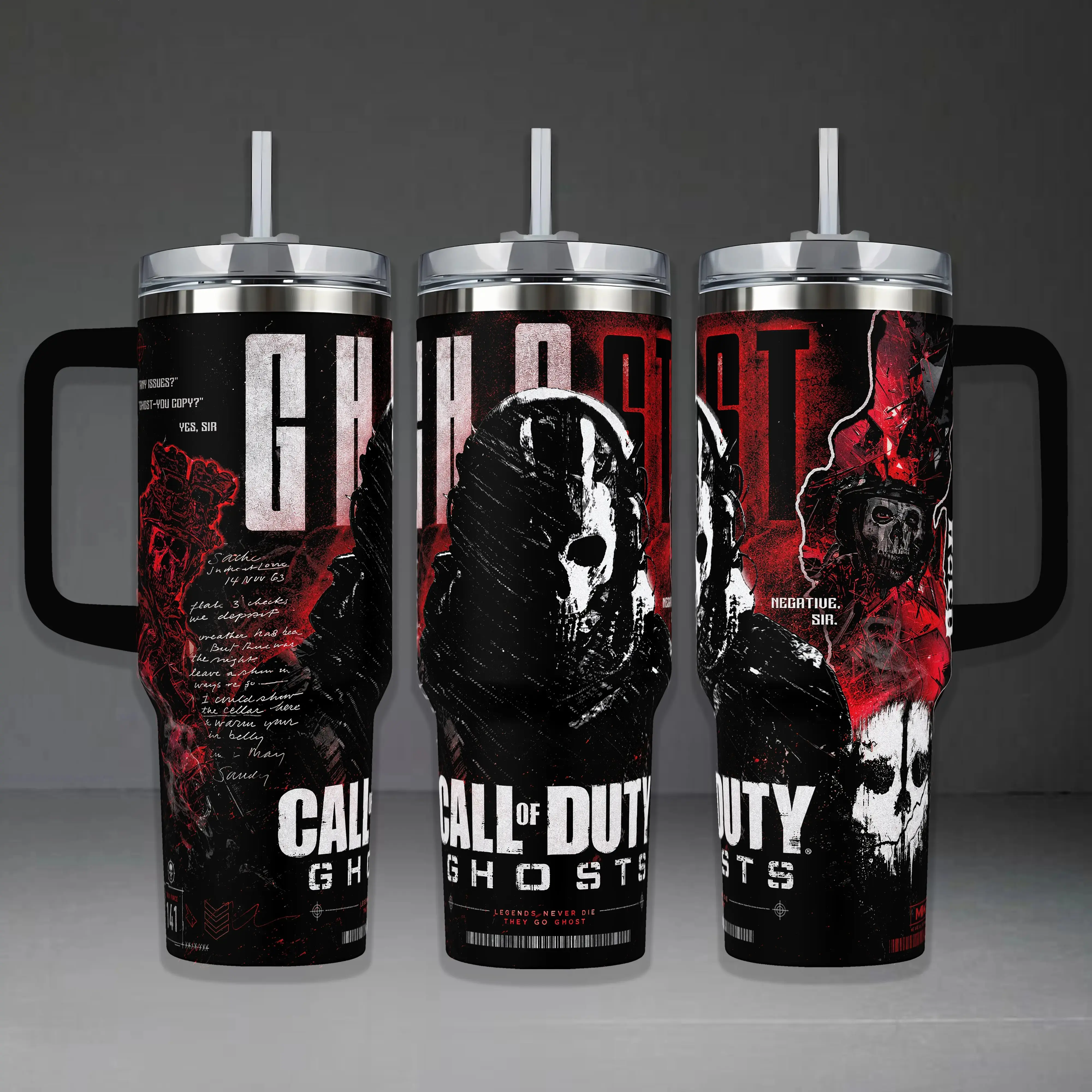 [MADE IN US] 1 pc Call Of Duty Ghosts Tumbler, Gaming FPS 40oz Cup with Handle. Gamer Fan Gift, COD Simon Riley Inspired Insulated Tumbler Featuring "Legends Never Die, They Go Ghost" & Tactical Red/Black Aesthetic Graphic Design.