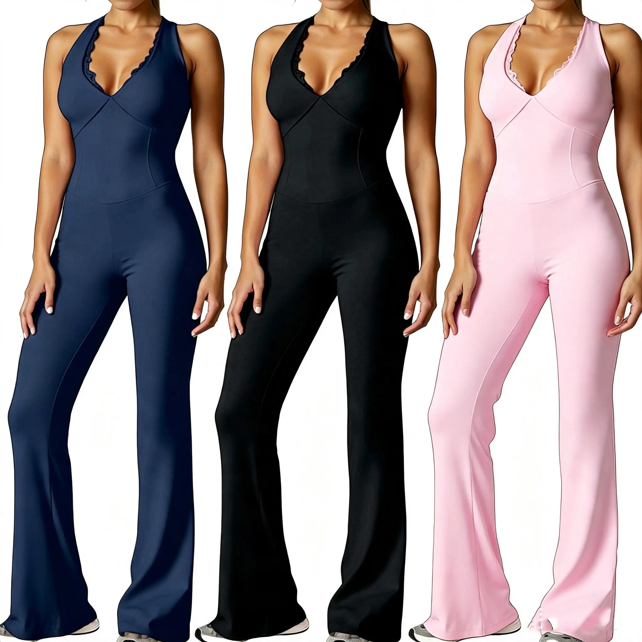 Women's Halter Neck Sleeveless Flare Jumpsuit - 1-Piece Twist Back Butt Scrunch Bodycon Unitard for Yoga, Workout