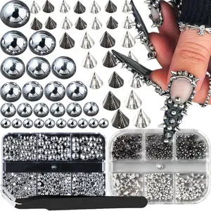 3D Mini Metal Punk Nail Art Studs Mixed Sizes Gold Black Cone Spikes Alloy Rivets Jewelry Steel Balls Jewels for Women Goth Manicure Charms Accessories DIY Crafts Decorations