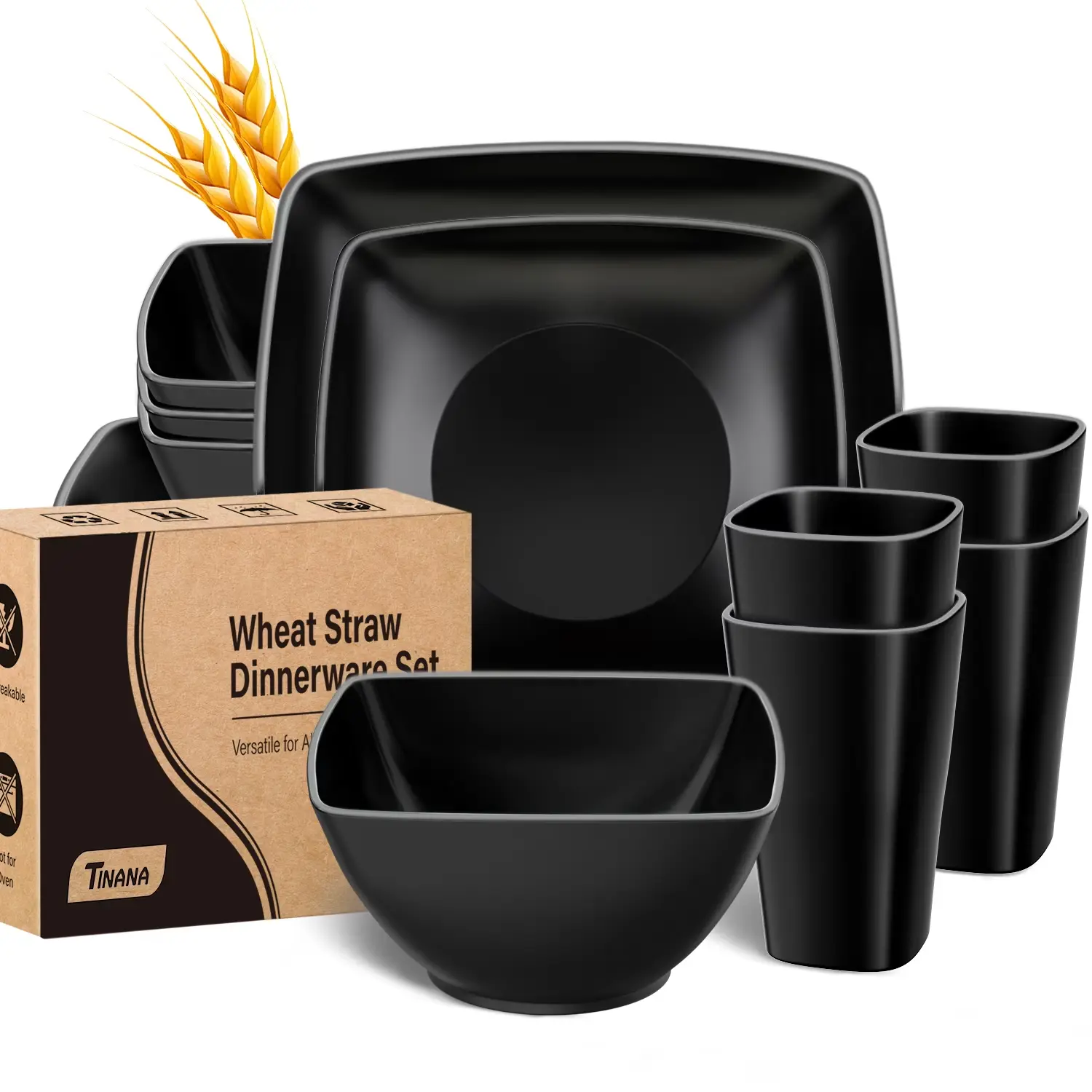 Wheat Straw Dinnerware Sets, Service for 4, 16 PCS Unbreakable Plastic Dinnerware, Dishwasher Microwave Safe - Black