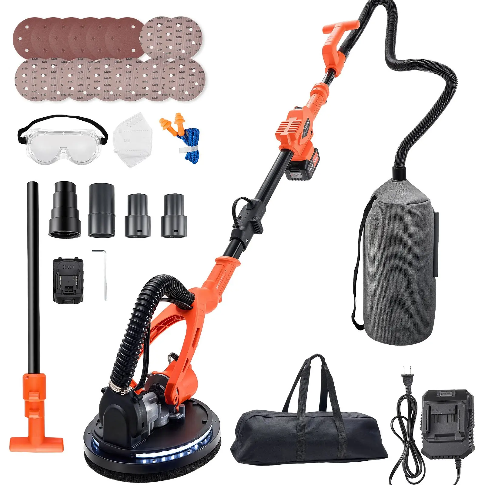 VEVOR Cordless Drywall Sander Power Tool, 450W Electric Sander with Dust Suction Vacuum Collection, 7 Variable Speeds (0-1600 RPM), LED Lights, Foldable Extendable Handle, 15 Sanding Disc Attachments & Multiple Components