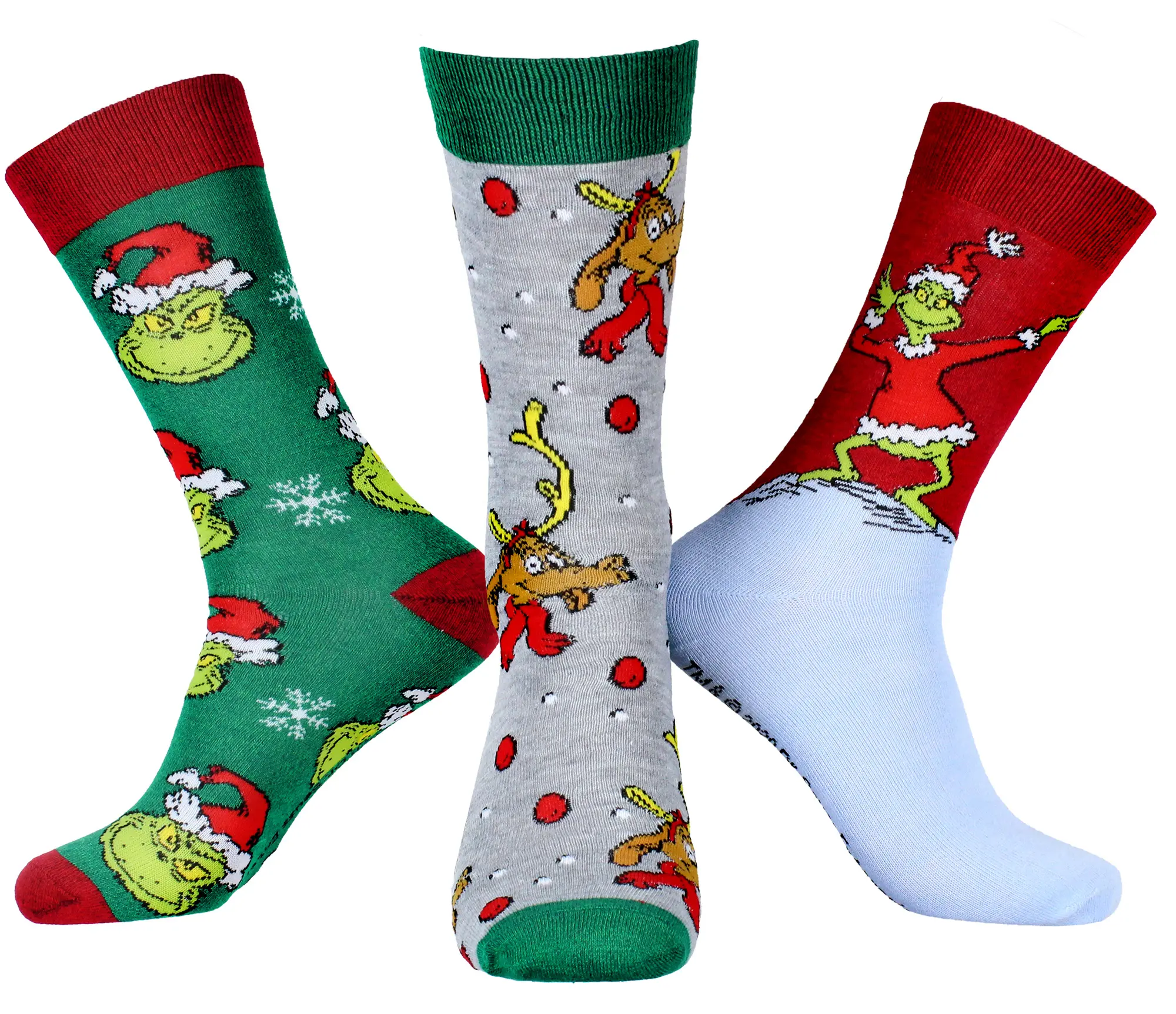 Dr. Seuss' The Grinch Adult Crew Socks, 3-Pack Holiday Character Print Polyester Spandex Blend, Christmas Birthday Gift Set