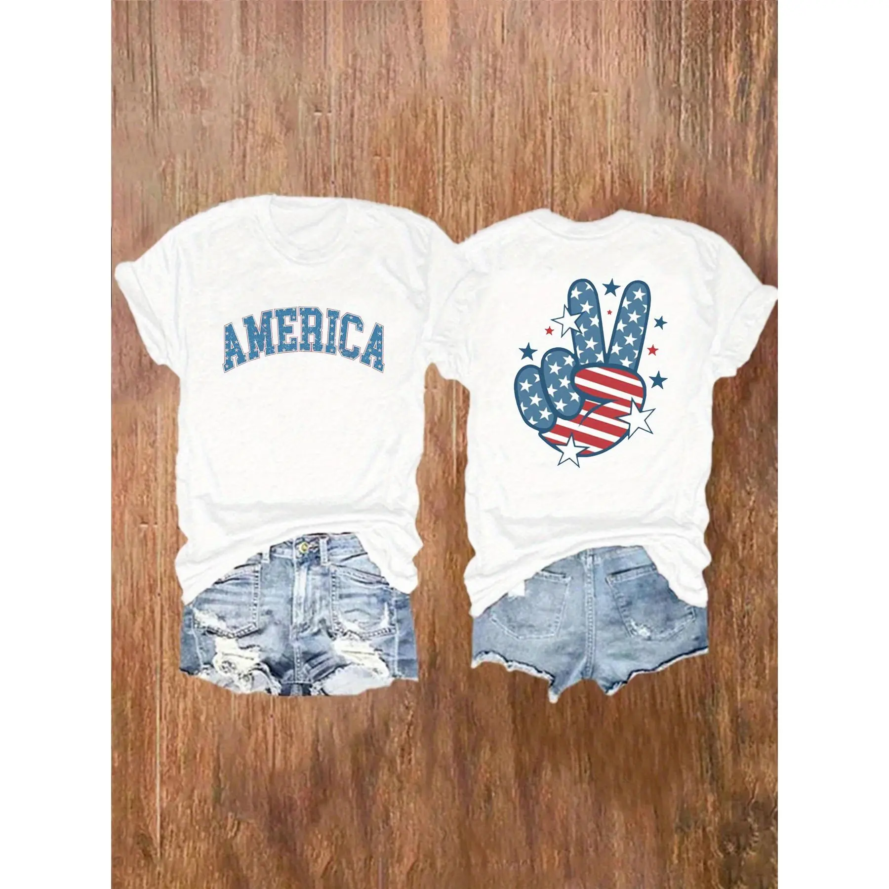 Ladies' Patriotic 'America' Pattern T-shirt - Short sleeved, round neck, casual summer top with American flag design, American flag clothing