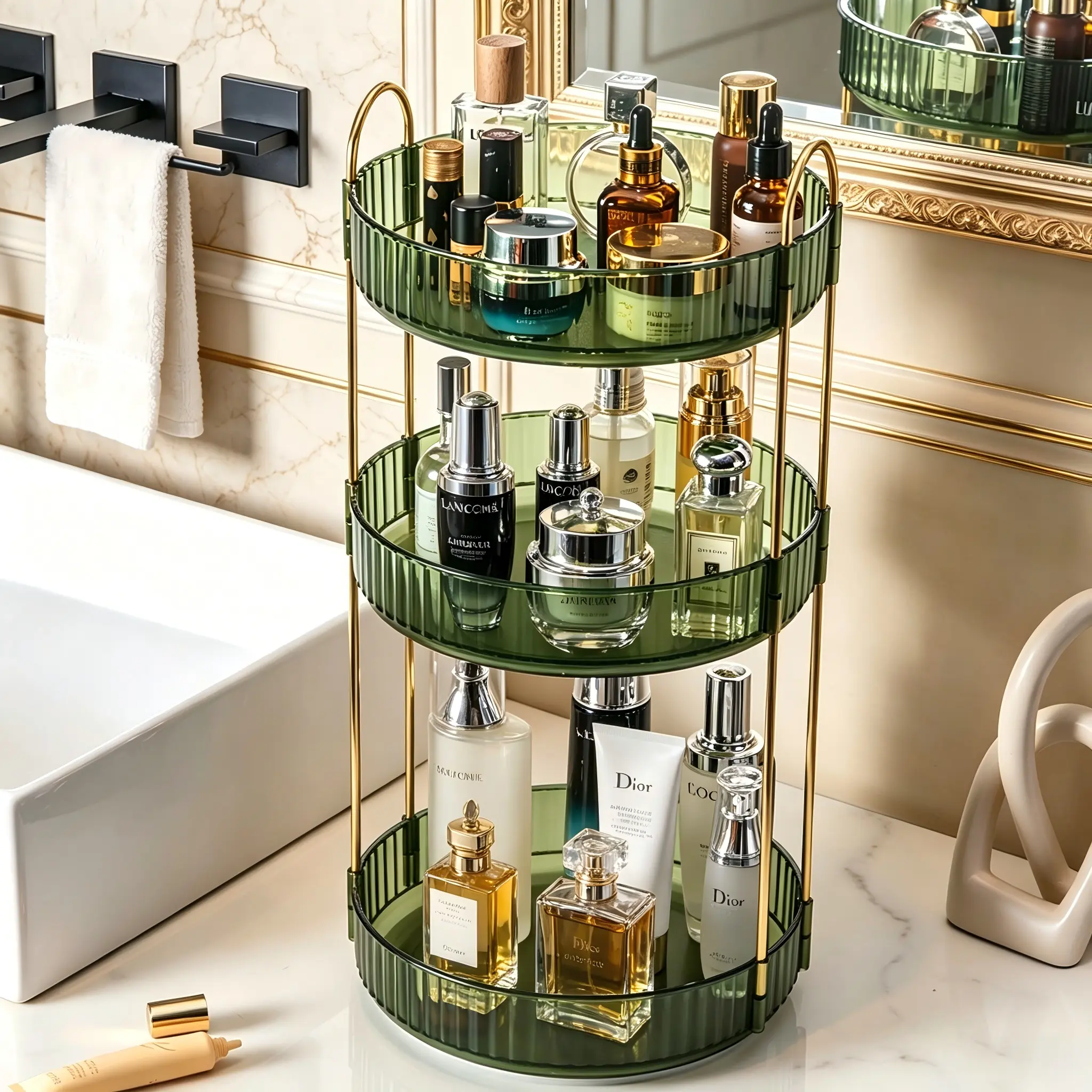 360° Rotating Beauty Organizer - 3-Tier Large Capacity Acrylic Cosmetic Organizer Box with Metal Frame, PVC Light Luxury Turntable Storage for Vanity, Bedroom