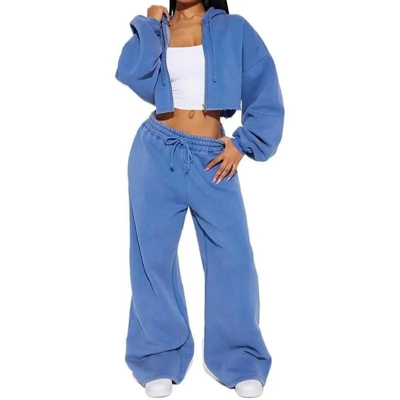 Women's zipper cardigan pants casual set, hooded sweatshirt jogging wide leg pants two-piece set
