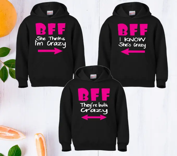 Best Friends Hoodie, Friendship T-Shirts, Bff Hoodie, Bestie Matching Hoodie, She Thinks Im Crazy, I Know She's Crazy, They're Both Crazy. Cotton Menswear Soft Handmade Pullover Long Sleeve Casual