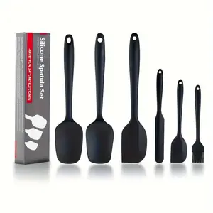 Silicone Spatula Set 6 Piece Kitchen Utensils Heat Resistant Non Stick Rubber Spatula, Black